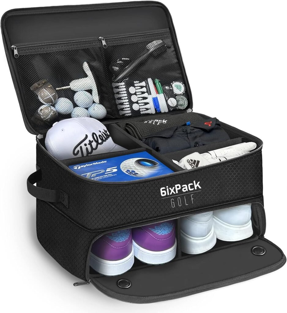 6ixPack Golf Trunk Organizer - Waterproof 2 Layer Storage Locker for Golf Accessories - Shoes, Balls, Tees, Clothes, Hat, Glove - Golf Present for Men  Women - Suitable for Car, SUV or Truck 6ixPack Golf Trunk Organizer - Waterproof 2 Layer Storage Locker for Golf Accessories - Shoes, Balls, Tees, Clothes, Hat, Glove - Golf Present for Men  Women - Suitable for Car, SUV or Truck