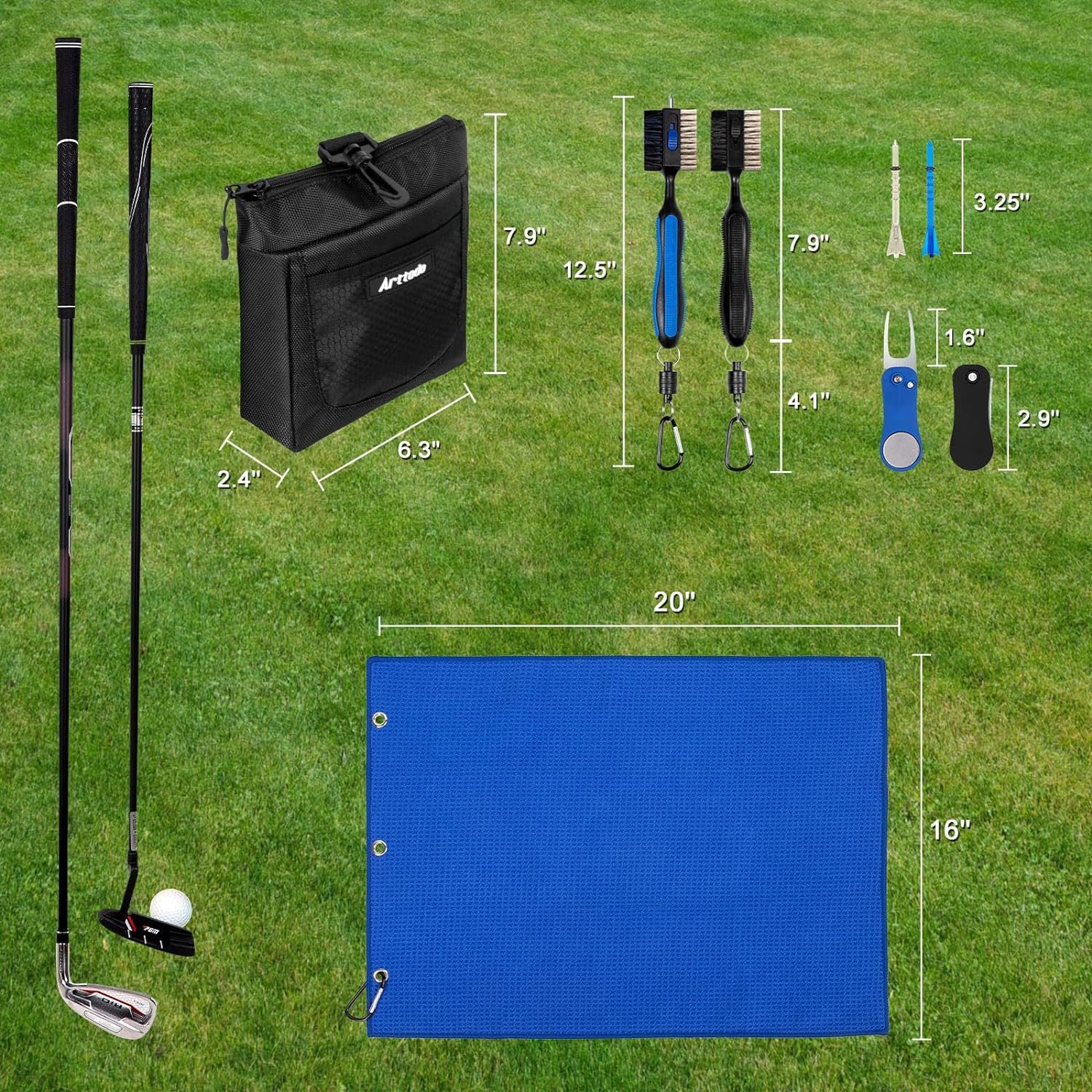 Arttodo Golf Accessories, Golf Club Cleaning Kit(13 in 1) Includes Golf Club Brush with Groove Cleaner, Divot Repair Tool with Golf Ball Marker, Golf Pouch, Golf Towel, Golf Tees, Golf Gifts for Men Arttodo Golf Accessories, Golf Club Cleaning Kit(13 in 1) Includes Golf Club Brush with Groove Cleaner, Divot Repair Tool with Golf Ball Marker, Golf Pouch, Golf Towel, Golf Tees, Golf Gifts for Men