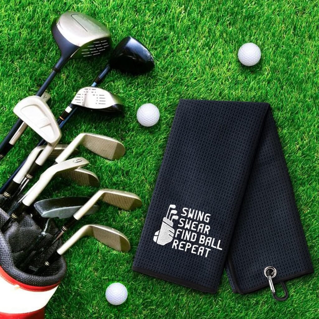 DYJYBMY Swing Swear Find Ball Repeat Funny Golf Towel, Embroidered Golf Towels for Golf Bags with Clip, Mens Golf Accessories, Golf Gifts for Dad, Birthday Retirement Gift for Dad Golf Fans DYJYBMY Swing Swear Find Ball Repeat Funny Golf Towel, Embroidered Golf Towels for Golf Bags with Clip, Mens Golf Accessories, Golf Gifts for Dad, Birthday Retirement Gift for Dad Golf Fans