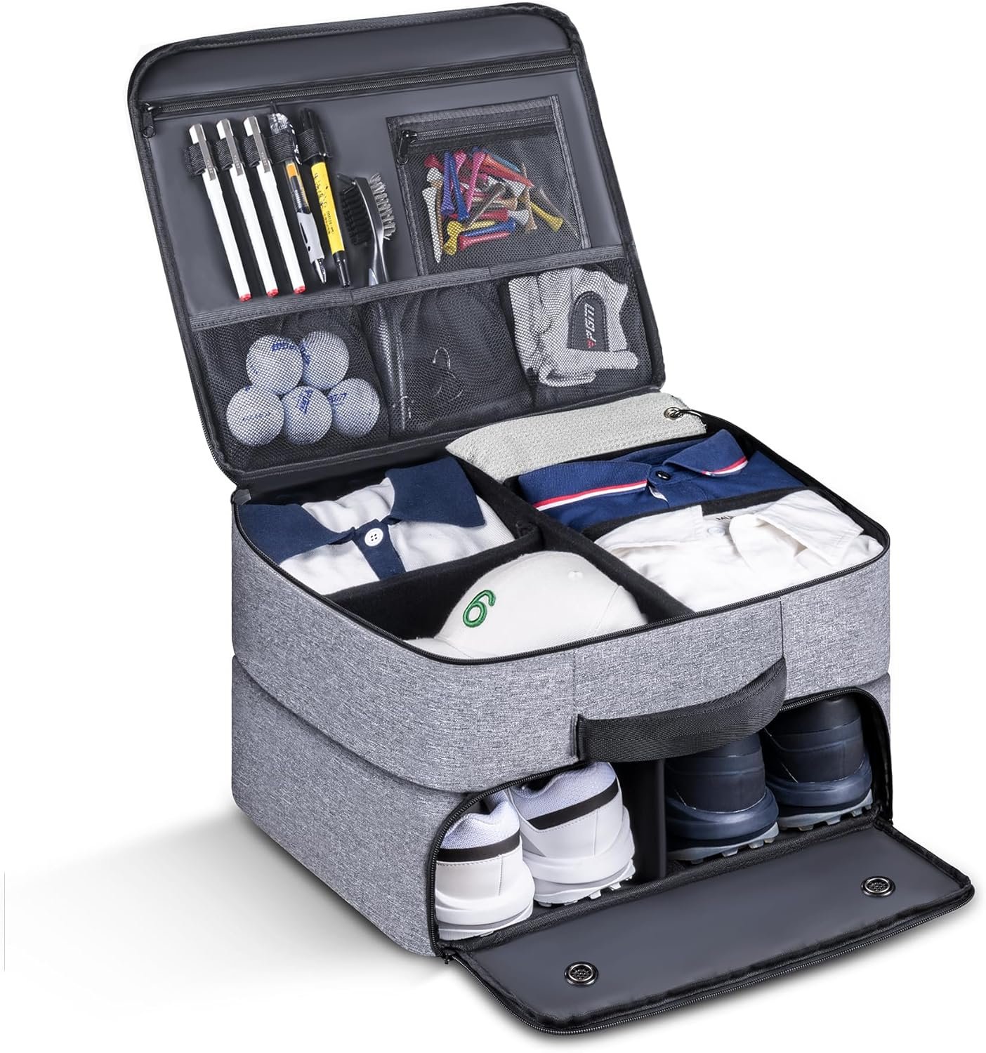MAQTOIZ Golf Trunk Organizer 2 Layer, Car Golf Organizer with Ventilated Compartment for 2 Pair Shoes, Golf Trunk Storage Locker for Golf Accessories, Balls, Tees, Clothes, Gloves, Golf Gifts for Men MAQTOIZ Golf Trunk Organizer 2 Layer, Car Golf Organizer with Ventilated Compartment for 2 Pair Shoes, Golf Trunk Storage Locker for Golf Accessories, Balls, Tees, Clothes, Gloves, Golf Gifts for Men