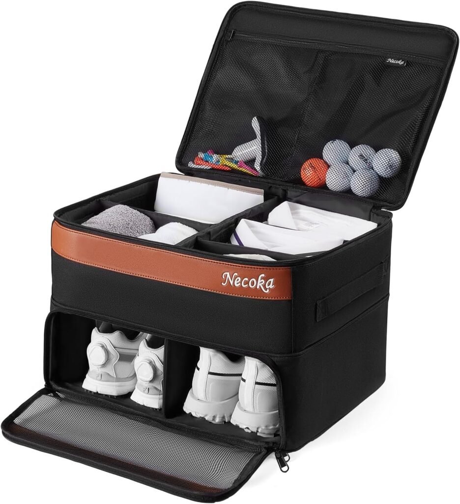 Necoka 2 Layer Golf Trunk Organizer, Golf Gifts for Men Husband Golfers with Separate Detachable Compartment for 2 Pair Shoes, Sturdy Golf Trunk Storage All Stuff Balls Tees Gloves Clothes for Clubs