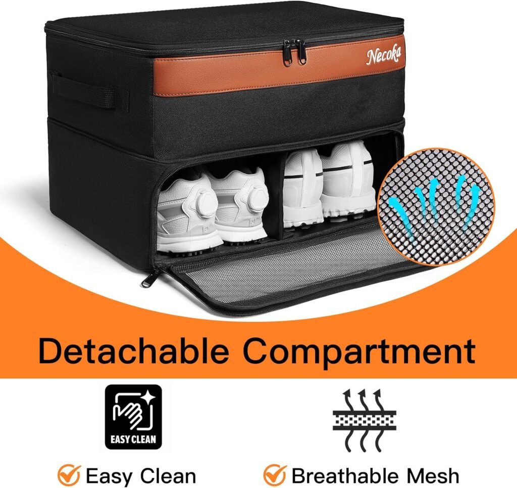 Necoka 2 Layer Golf Trunk Organizer, Golf Gifts for Men Husband Golfers with Separate Detachable Compartment for 2 Pair Shoes, Sturdy Golf Trunk Storage All Stuff Balls Tees Gloves Clothes for Clubs
