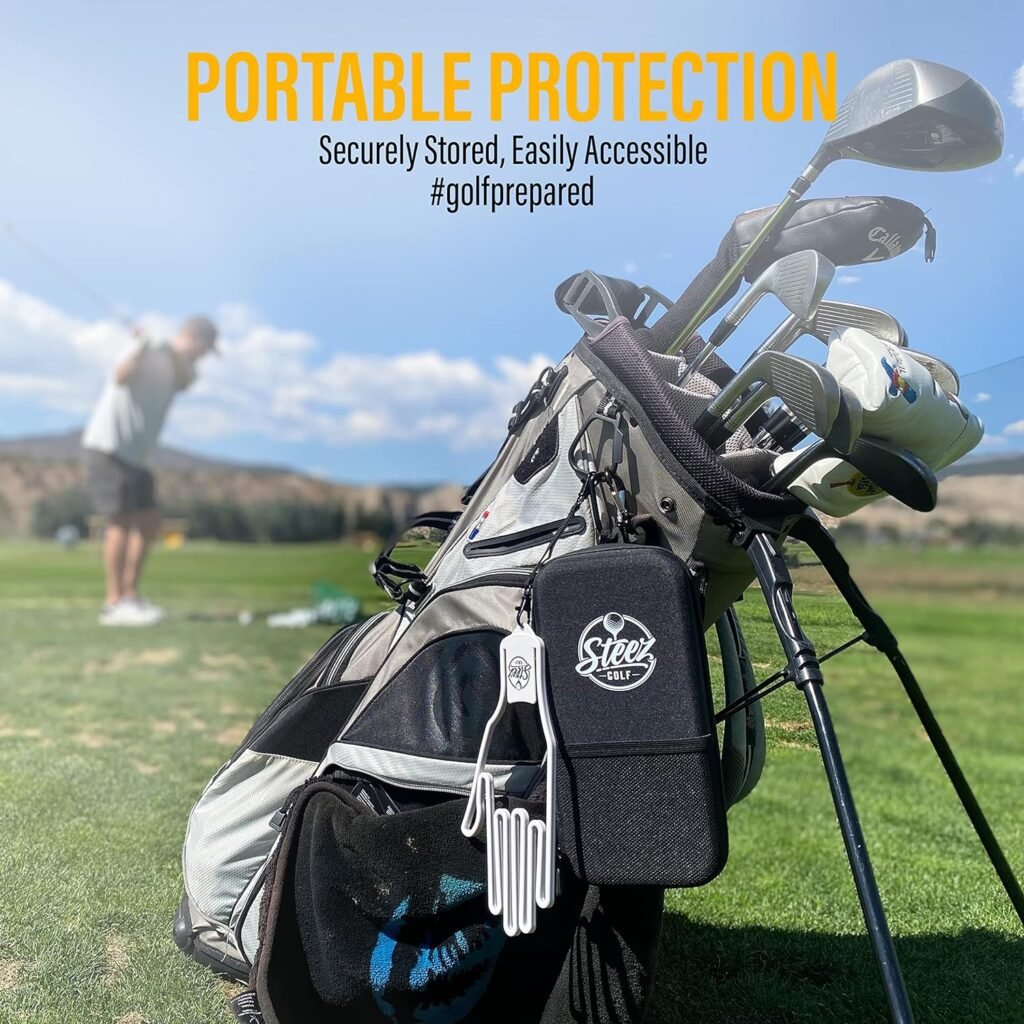 Steez Golf Accessory Case - Golf Bag Organizer. Airtight, Water-Resistant, Protective Hard Case for Phone, Tees, Ball Markers, Repair Tools, and Golf Essentials. Removable Golf Glove Hanger/Dryer Steez Golf Accessory Case - Golf Bag Organizer. Airtight, Water-Resistant, Protective Hard Case for Phone, Tees, Ball Markers, Repair Tools, and Golf Essentials. Removable Golf Glove Hanger/Dryer